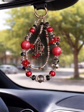 Red Beaded Statement Necklace with Birdcage Charm